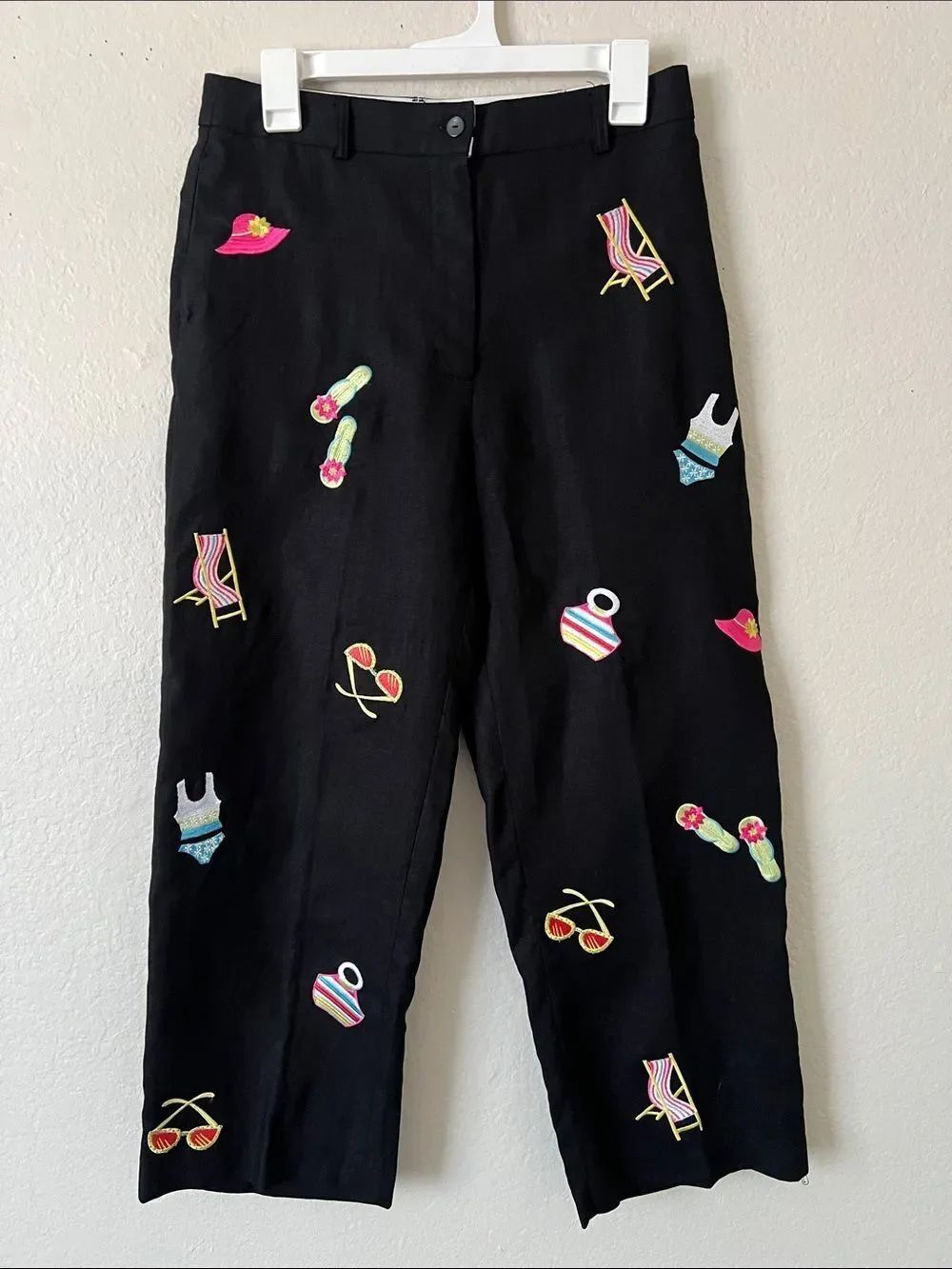 NWT PURE & SIMPLE 100% Linen Embroidered Summer Motif Cropped Pants Black Size 6